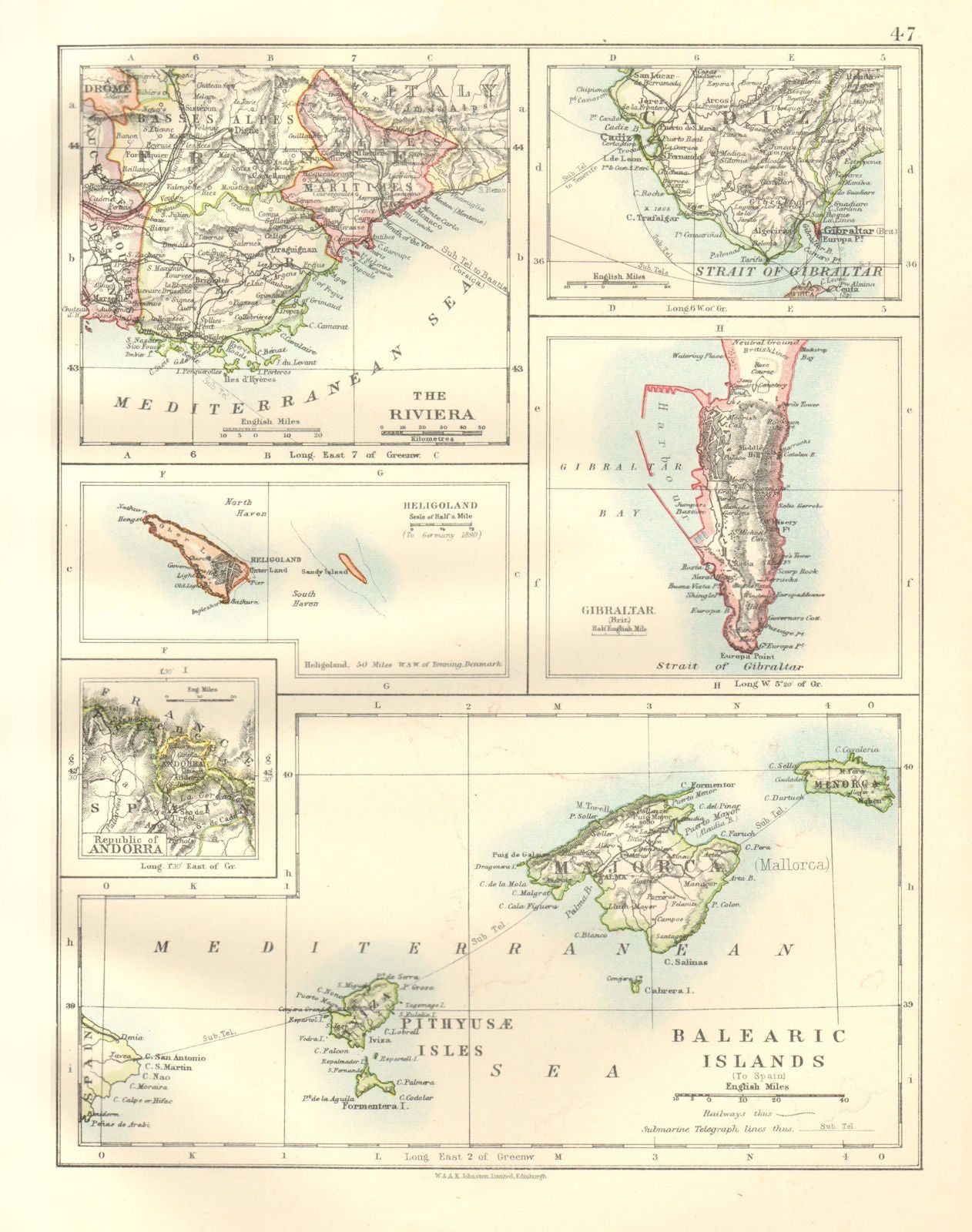 EUROPE.Balearic islands.Heligoland Gibraltar Andorra Riviera. JOHNSTON 1920 map